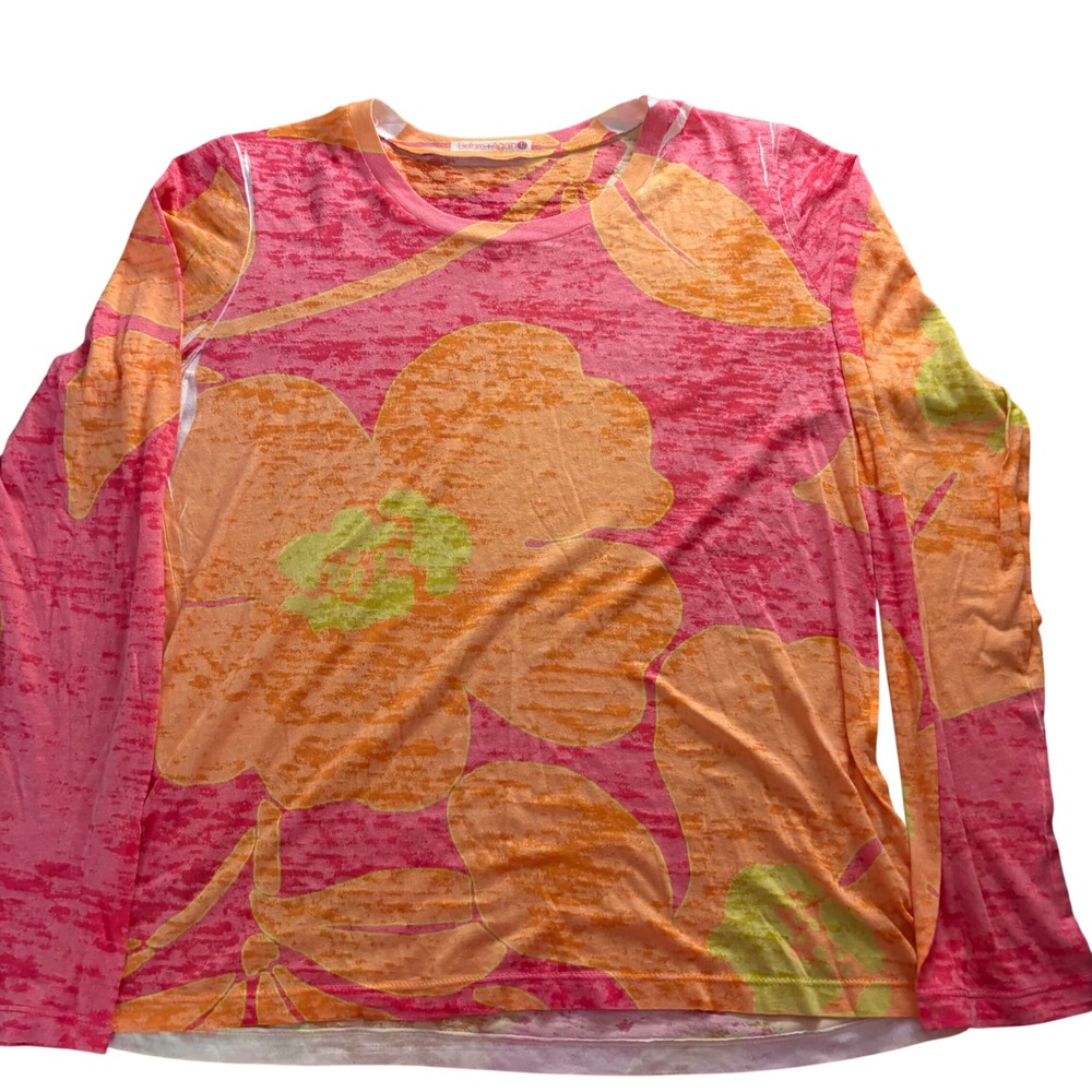 Before + Again Signature Floral Burnout Long Sleeve Tee Pink Orange USA Made L